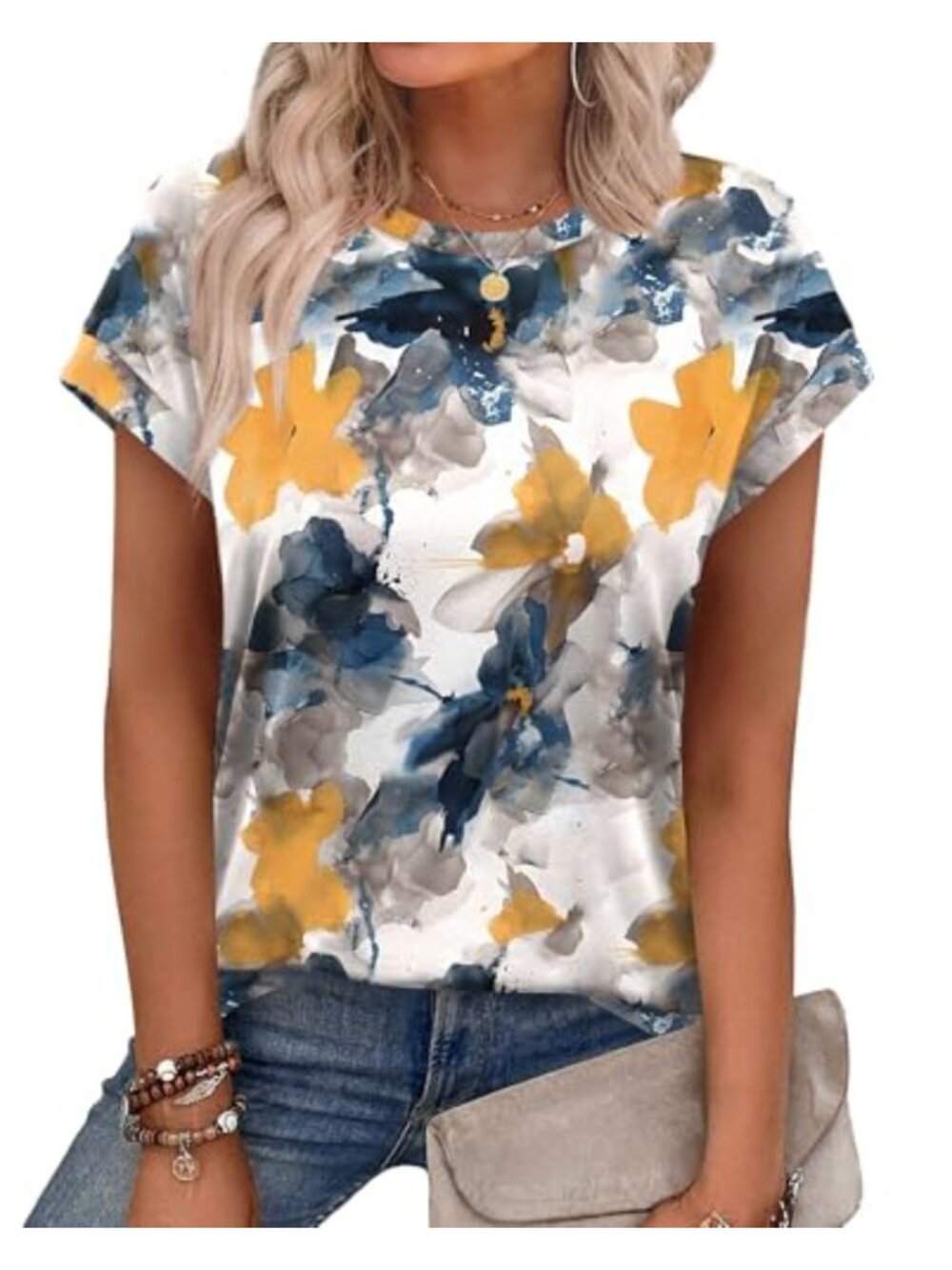 Womens Floral Cap Sleeve Tunic T-Shirt Loose Fit Crew Neck Casual Top